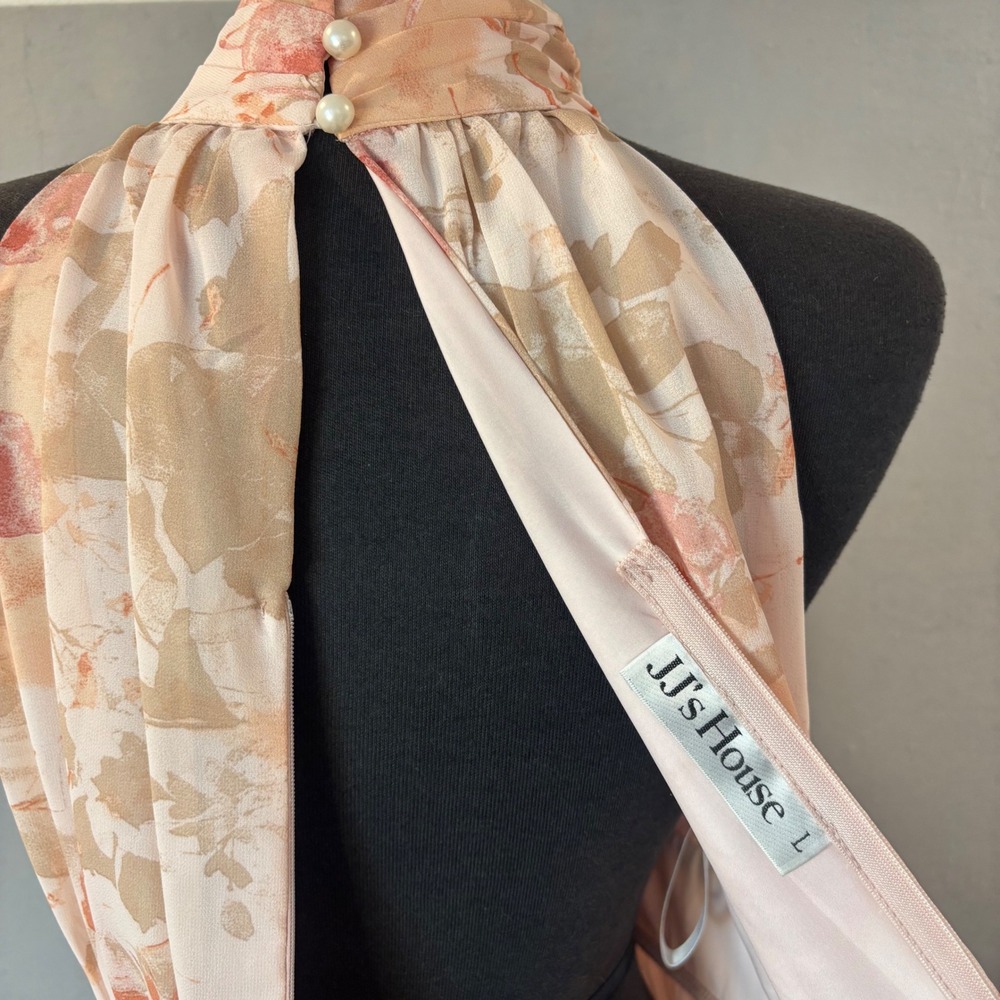 JJ's House Pearl Pink Floral Chiffon Halter Maxi Dress A-Line Wedding Guest L - Picture 4 of 10